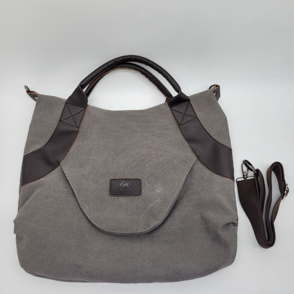 K2 Classic Fashion The Gevona Hobo Gray Canvas Large Tote Bag Brown Trim